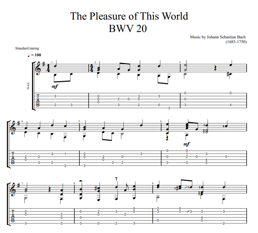 The Pleasure of This World BWV 20 for guitar tab